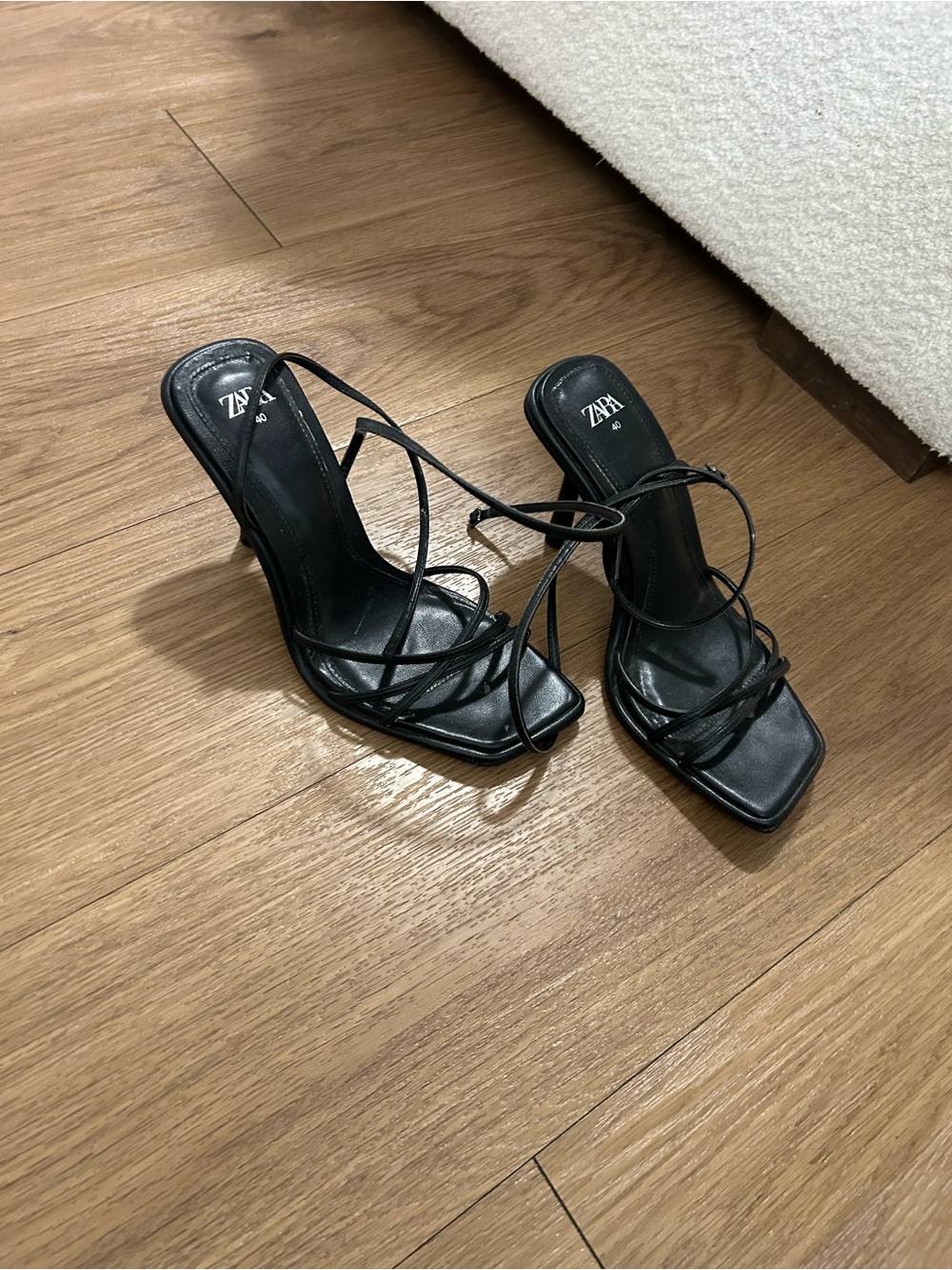Zara Black Strappy Square-Toe Heeled Sandals